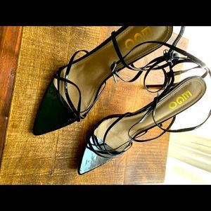 Black patent platform strappy lace up sandals